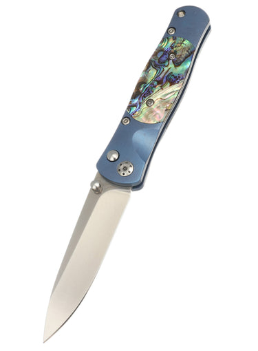 Tesoro Button Lock 3½" — Abalone / Blue Anodized Frame — Down