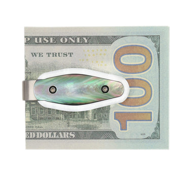 Titanium Money Clip – Black-Lip Mother of Pearl with White Cerakote — studio view