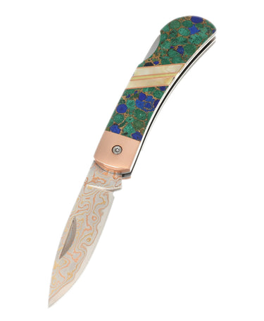 3" Copper & Brass Core Damascus Lockback — Azurite, Bronze and Lapis — Down