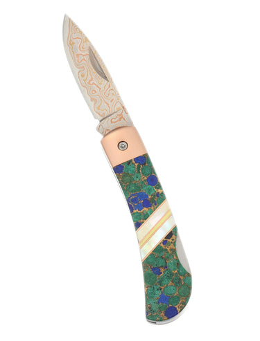 3" Copper & Brass Core Damascus Lockback — Azurite, Bronze and Lapis — Open