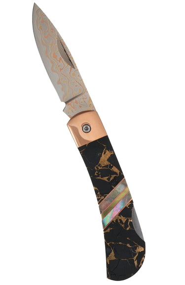 3" Copper & Brass Core Damascus Lockback — Black Buffalo — Up