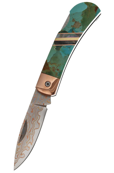 3" Lockback Copper & Brass Core Damascus (VG-10) | Kingman Turquoise, open, blade down