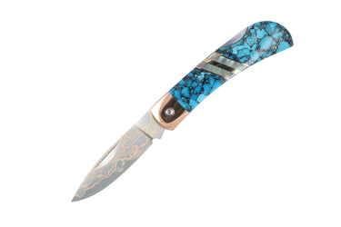 3" Lockback Copper & Brass Core Damascus (VG-10) | Bonita Blue Turquoise, open, blade down