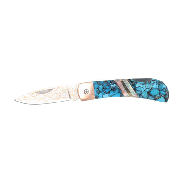 3" Lockback Copper & Brass Core Damascus (VG-10) | Bonita Blue Turquoise, open