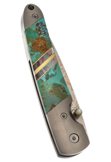 4" Copper & Brass Core Damascus Liner Lock — Turquoise — Closed