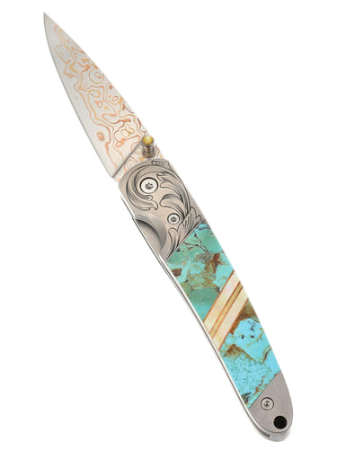 4" Liner Lock Copper & Brass Core Damascus (VG-10) | Kingman Blue-Green Turquoise | Phil Bartolotta Master Engraved — CBGE70D-ENG-PHIL-OPEN