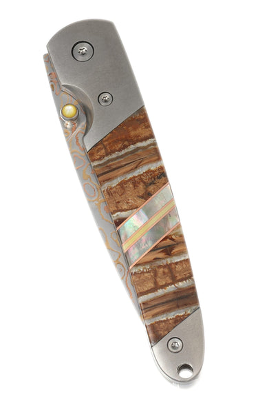 4" Liner Lock Copper & Brass Core Damascus (VG-10) | Natural Fossilized Mammoth Tooth, closed