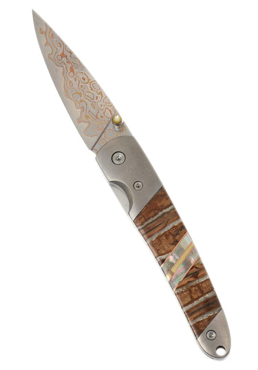 4" Liner Lock Copper & Brass Core Damascus (VG-10) | Natural Fossilized Mammoth Tooth, open