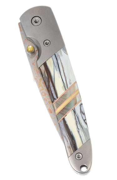 4" Liner Lock Copper & Brass Core Damascus (VG-10) | Clouded White Fossilized Mammoth Tusk, closed