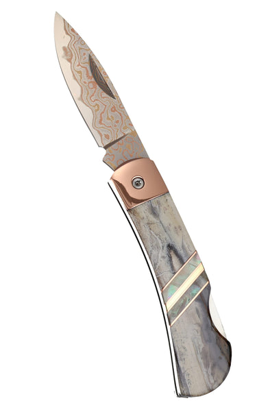 3" Copper & Brass Core Damascus Lockback — White Mammoth Tusk — Iup