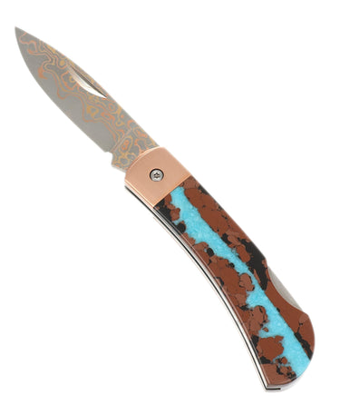 3" Copper & Brass Core Damascus Lockback — Vein Turquoise — Open Up