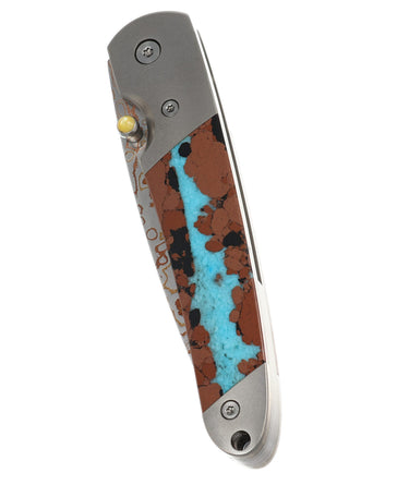4" Copper & Brass Core Damascus Liner Lock — Vein Turquoise — Closed