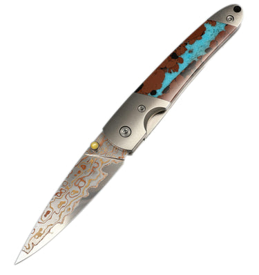 4" Copper & Brass Core Damascus Liner Lock — Vein Turquoise — Open Down