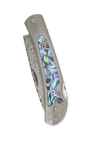 Damascus Steel Frame Pocket Knife with Abalone Inlay, closed