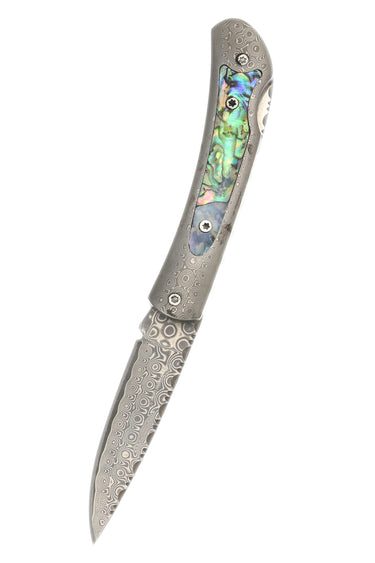 Damascus Steel Frame Pocket Knife with Abalone Inlay, blade down