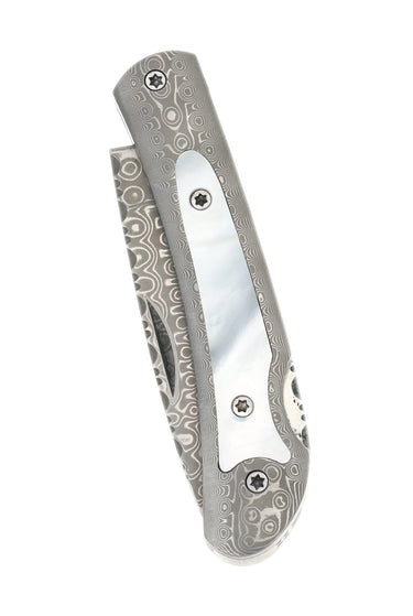 Damascus Steel Frame Pocket Knife with Mother of Pearl Inlay, closed