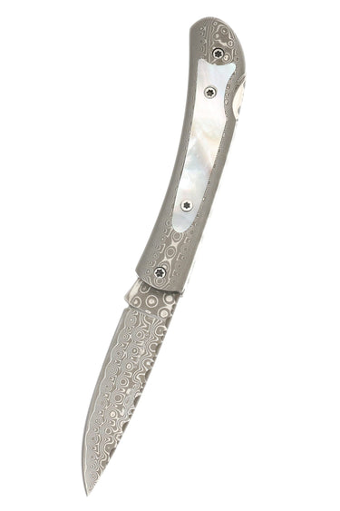 Damascus Steel Frame Pocket Knife with Mother of Pearl Inlay, blade down