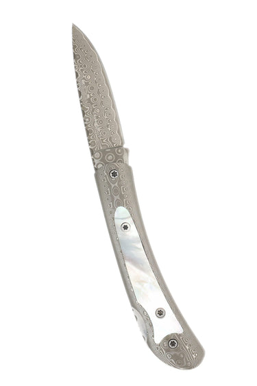 Damascus Steel Frame Pocket Knife with Mother of Pearl Inlay, blade open
