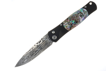 Tesoro Damasteel Button Lock 3½" — Abalone / Black Cerakote — Blade Down