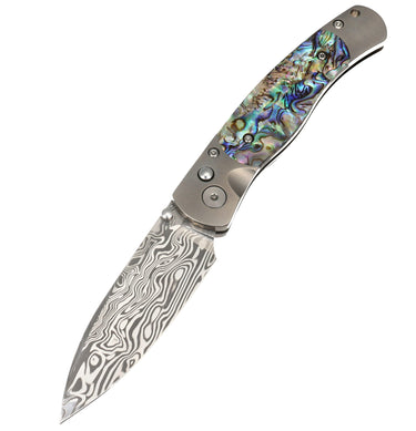 El Rey Damasteel Button Lock – Abalone Select — open, blade down