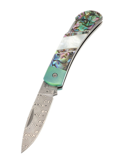 3" Damascus Lockback — Abalone / Green Anodized Frame — Down