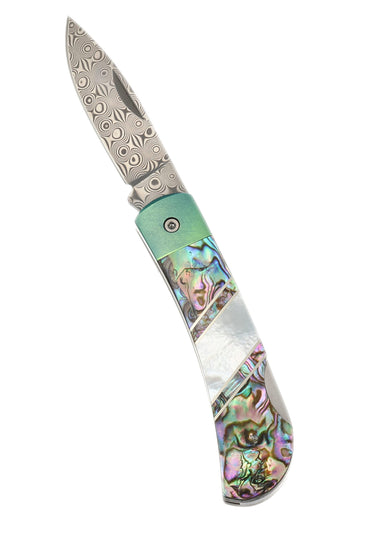 3" Damascus Lockback — Abalone / Green Anodized Frame — Open