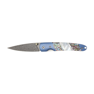 4" Damascus Liner Lock — Abalone / Blue Anodized Frame — Open