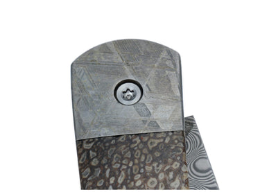 3" Damascus Lockback — Dinosaur Bone, Meteorite — Closeup