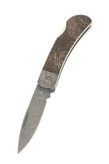 3" Damascus Lockback — Dinosaur Bone, Meteorite — Down