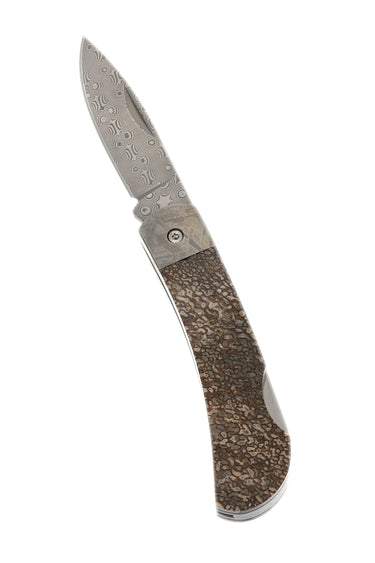3" Damascus Lockback — Dinosaur Bone, Meteorite — Open