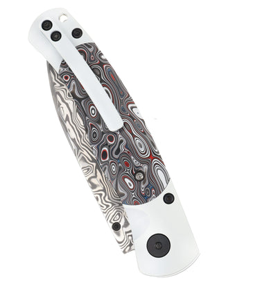 El Rey Damasteel Button Lock — Corvette Fordite / White Cerakote — Closed