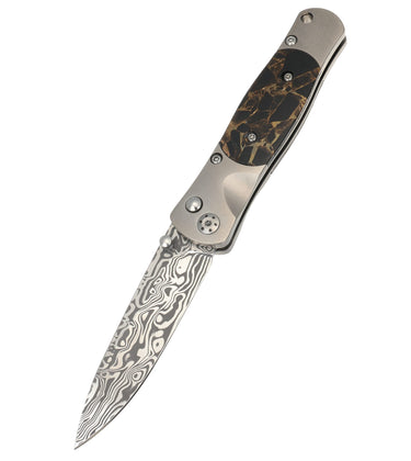 Tesoro Damasteel Button Lock – Black Buffalo Bronze — open, blade down
