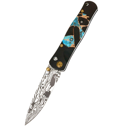 Tesoro Damasteel Button Lock – Turquoise, Obsidian & Bronze with Black Cerakote & Gold PVD Hardware — open, blade down