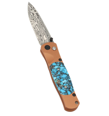 Tesoro Damasteel Button Lock 3½" — Kingman Turquoise #3 / Copper Cerakote — Open Up