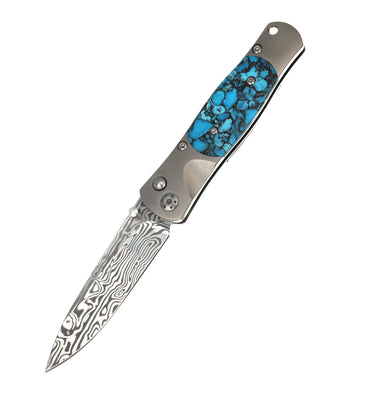 Tesoro Damasteel Button Lock 3½" — Kingman Turquoise #3 — Down
