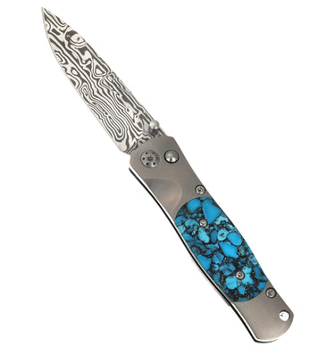 Tesoro Damasteel Button Lock 3½" — Kingman Turquoise #3 — Up