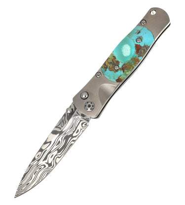 Tesoro Damasteel Button Lock 3½" — Kingman Turquoise #1 — Down View