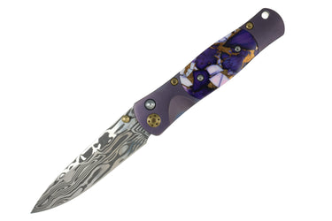 Tesoro Damasteel Button Lock 3½" — Purple Dahlia / Anodized Frame, Gold PVD Hardware — Blade Down