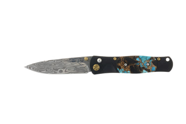 Tesoro Titanium button lock – Damasteel Kingman Blue Turquoise, Obsidian & Bronze, closed