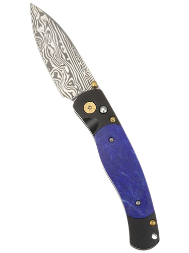 El Rey Damasteel Button Lock — Lapis / Black Cerakote, Gold PVD Hardware — Open