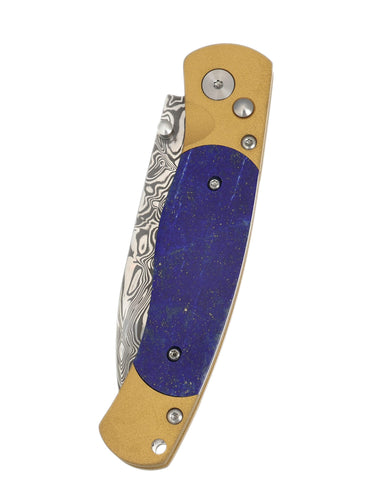 El Rey Damasteel Button Lock — Lapis / Gold Cerakote — Closed