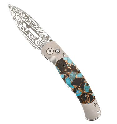 El Rey Damasteel Button Lock – Kingman Turquoise, Obsidian & Bronze — open