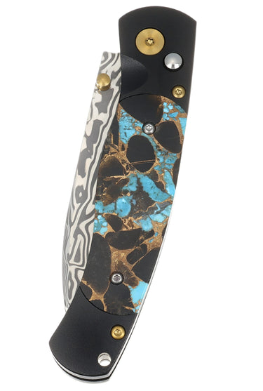 El Rey Damasteel Button Lock — Turquoise, Obsidian and Bronze / Black Cerakote, Gold PVD Hardware — Closed