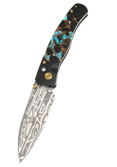El Rey Damasteel Button Lock — Turquoise, Obsidian and Bronze / Black Cerakote, Gold PVD Hardware — Studio View