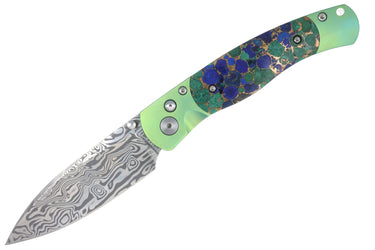El Rey Damasteel Button Lock — Azurite, Bronze and Lapis / Green Anodized Frame — Blade Down