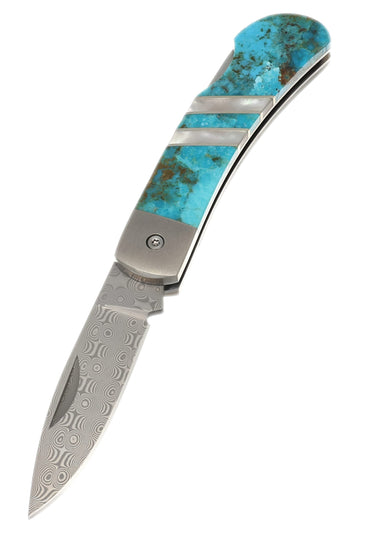 3" Lockback 110-Layer Stainless Damascus – Kingman Blue Turquoise — open, blade down