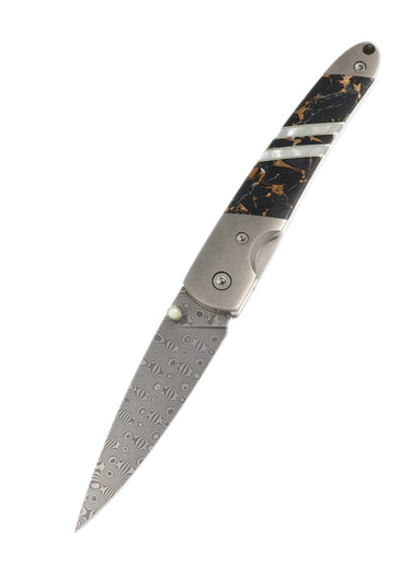 4" Damascus Liner Lock — Black Buffalo — Open Down