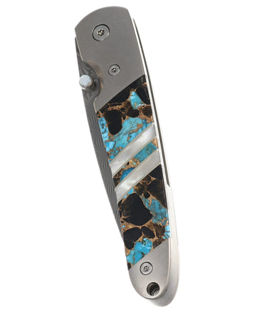 4" Liner Lock 110-Layer Stainless Damascus – Turquoise, Obsidian & Bronze — closed