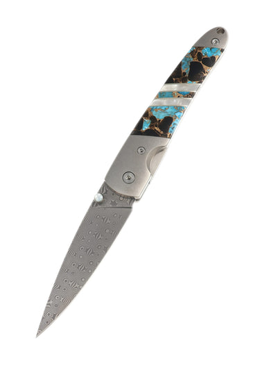 Damascus Collection Gemstone Exotics 4" Liner Lock Knife with Clip, Turquoise/Obsidian/ Bronze, open, blade down