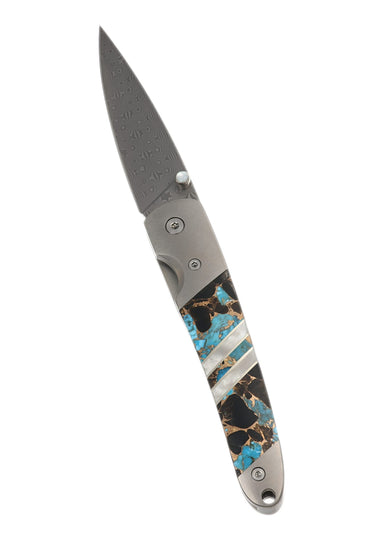 4" Liner Lock 110-Layer Stainless Damascus – Turquoise, Obsidian & Bronze — open
